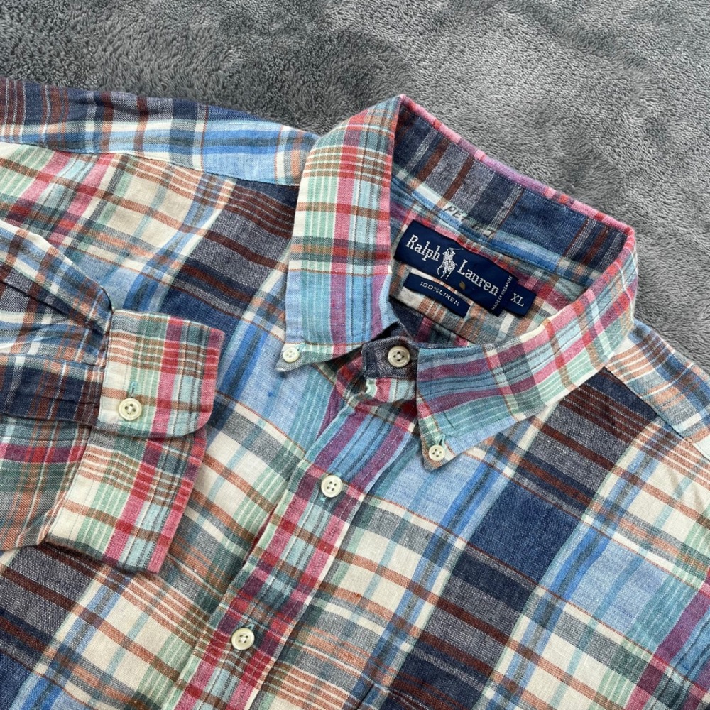 Ralph Lauren Mens XL 100% Linen Plaid Button Down Shirt Multi Color Long Sleeve